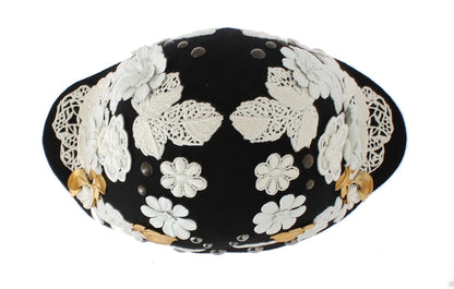 Chapeau Dolce & Gabbana en Laine Noire à Motif Floral Blanc et Feuilles d'Or