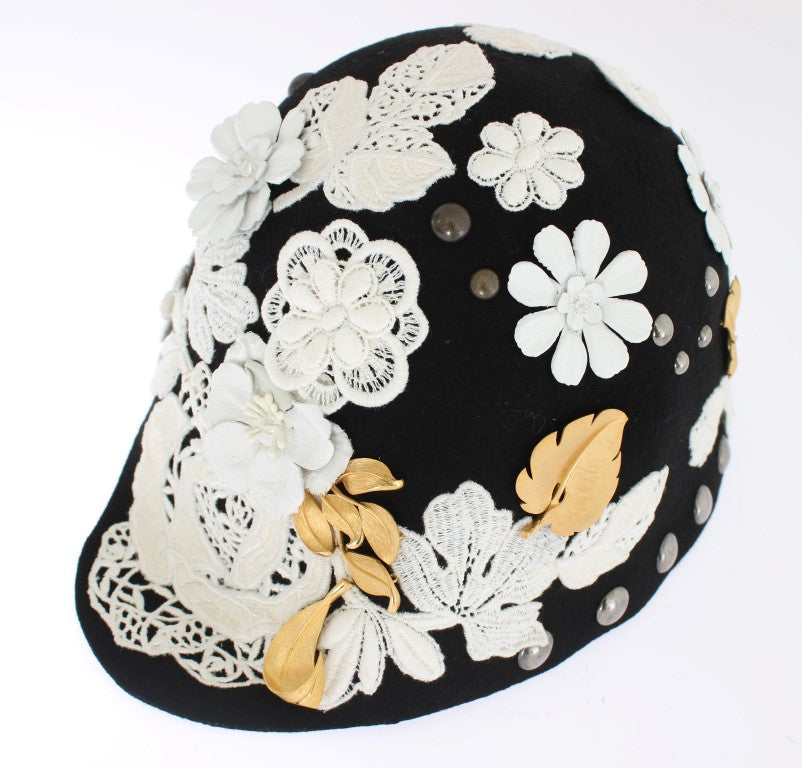Chapeau Dolce & Gabbana en Laine Noire à Motif Floral Blanc et Feuilles d'Or