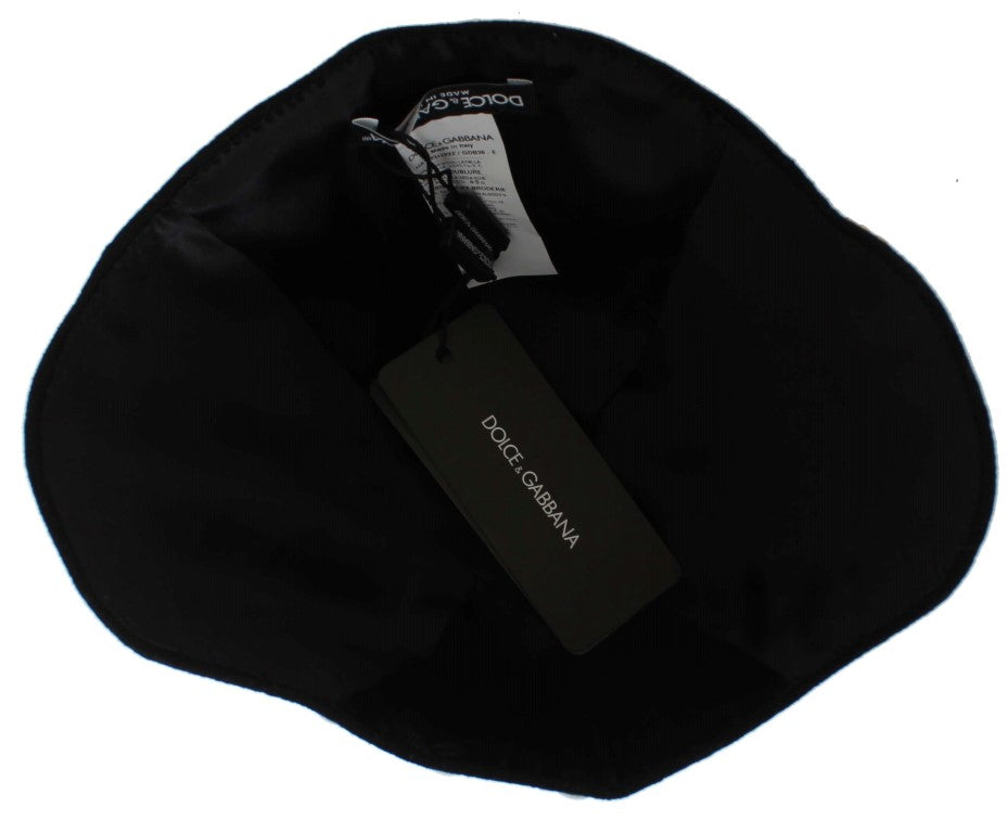 Chapeau Dolce & Gabbana en Laine Noire à Motif Floral Blanc et Feuilles d'Or