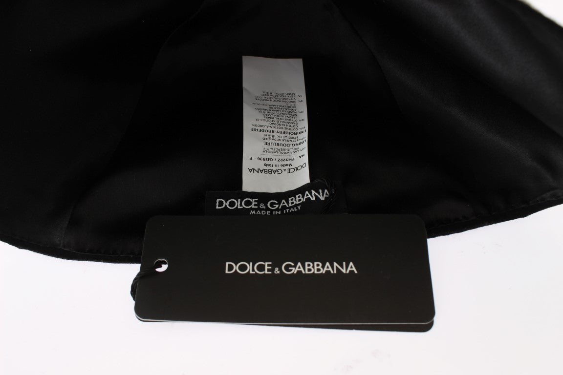 Chapeau Dolce & Gabbana en Laine Noire à Motif Floral Blanc et Feuilles d'Or
