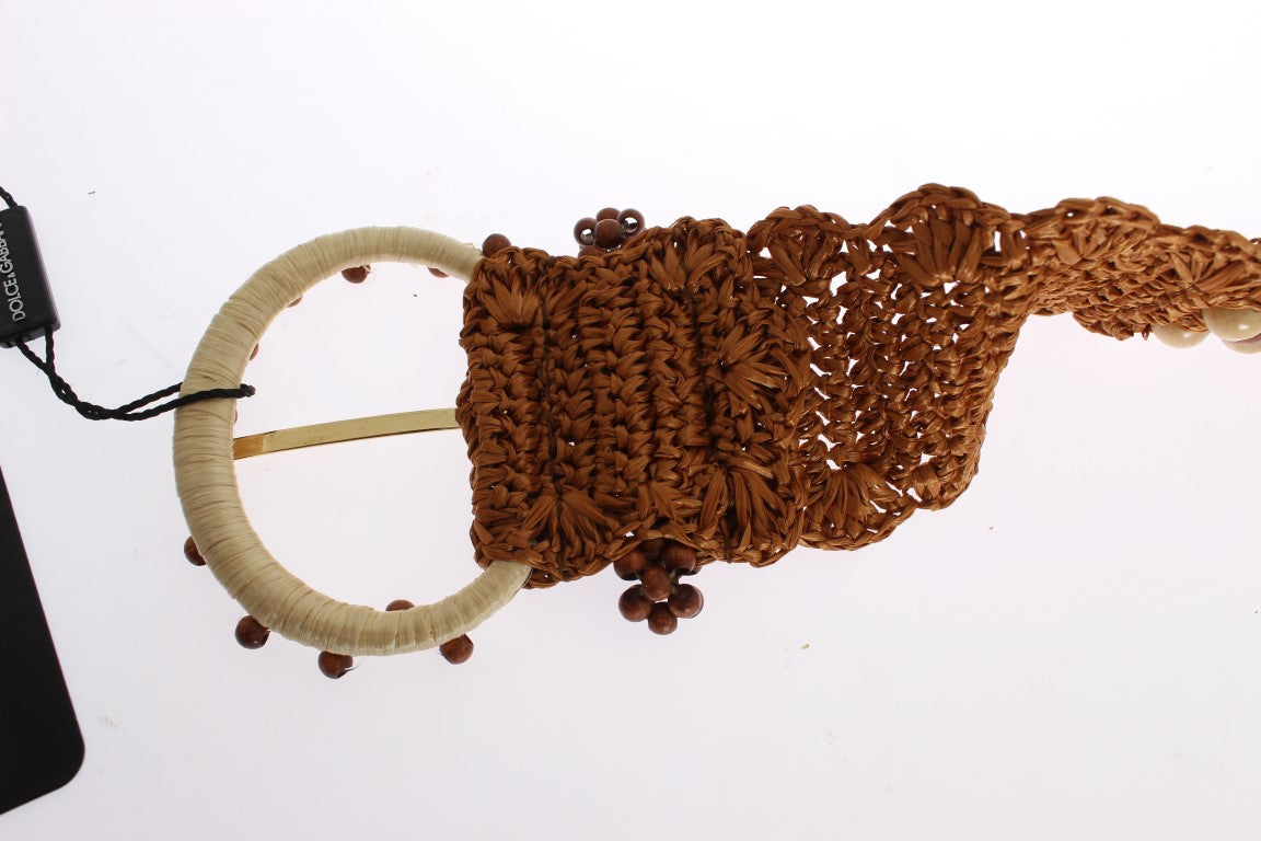 Ceinture large Dolce & Gabbana en raphia marron et perles de bois