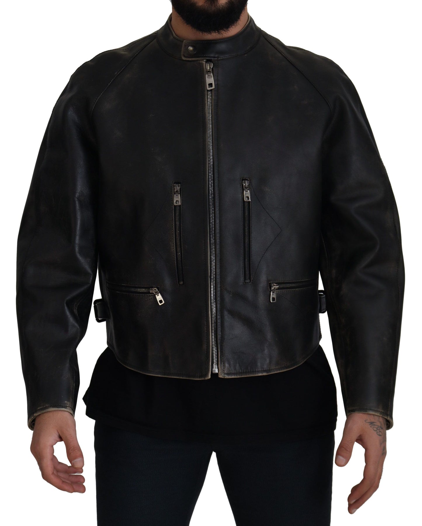 Blouson motard en cuir noir zippé Dolce & Gabbana