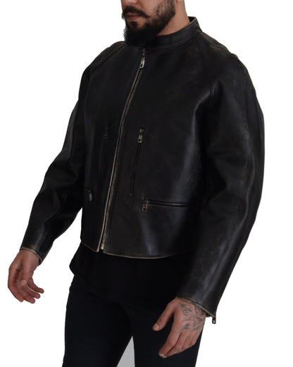 Blouson motard en cuir noir zippé Dolce & Gabbana