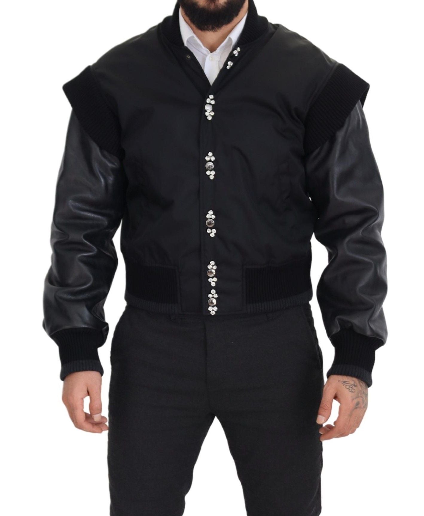 Dolce & Gabbana Chaqueta de nailon negro con botones de cristales