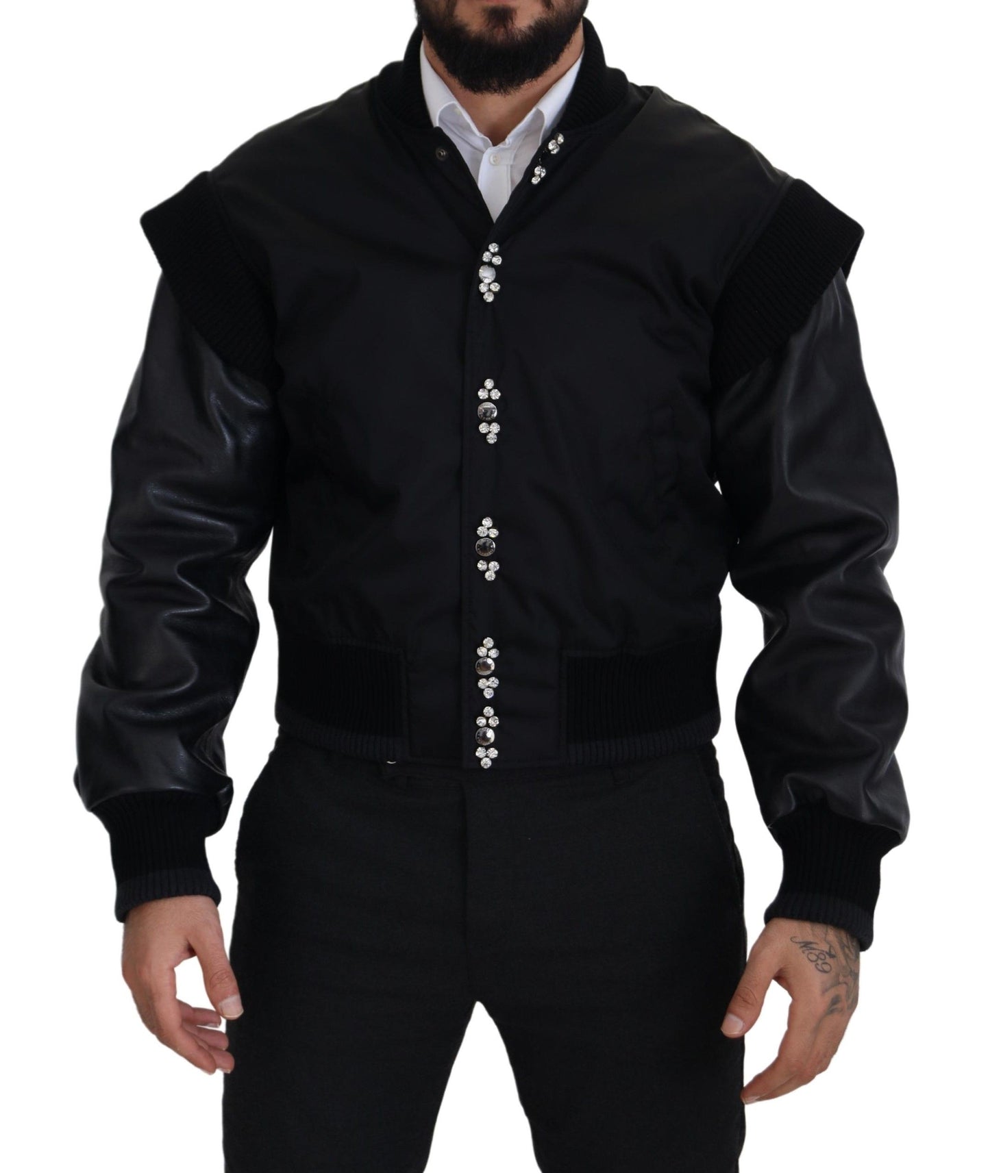Dolce & Gabbana Chaqueta de nailon negro con botones de cristales