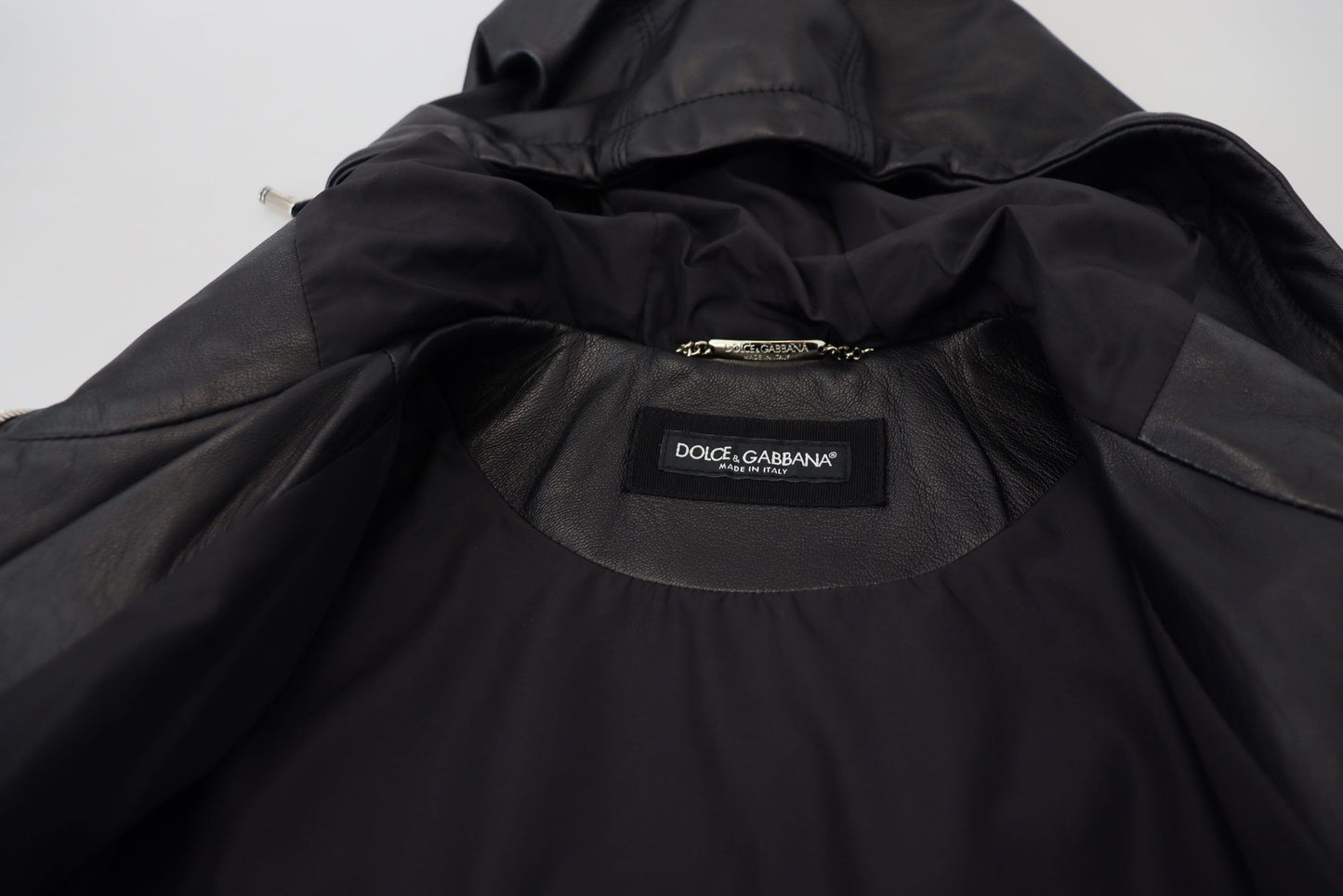 Blouson à capuche en cuir noir Dolce & Gabbana