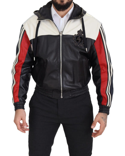 Blouson à capuche en cuir noir Dolce & Gabbana