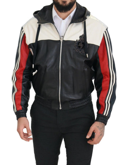Dolce & Gabbana Chaqueta Blusón con Capucha de Cuero Negro