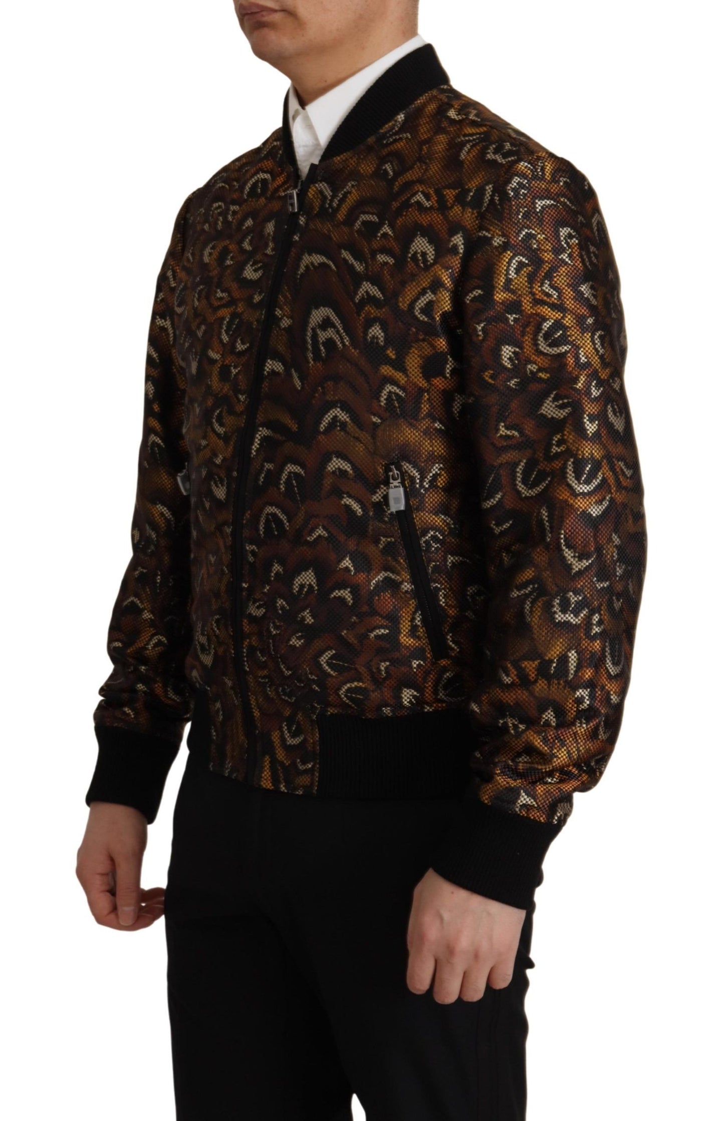 Blouson Dolce & Gabbana marron à plumes et fermeture éclair intégrale