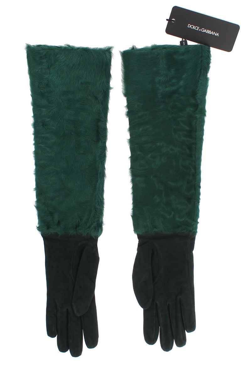 Gants longs en cuir vert et fourrure Xiangao Dolce & Gabbana