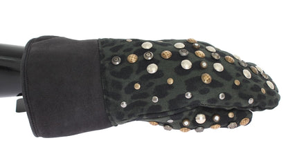 Gants Dolce & Gabbana en laine grise, peau lainée et clous léopard vert