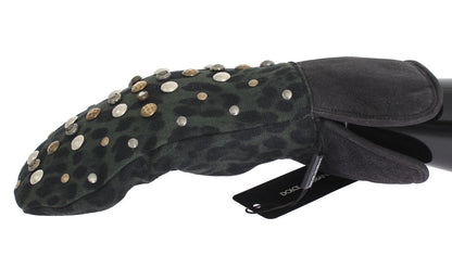 Gants Dolce & Gabbana en laine grise, peau lainée et clous léopard vert