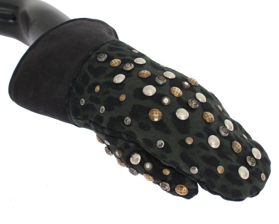 Gants Dolce & Gabbana en laine grise, peau lainée et clous léopard vert
