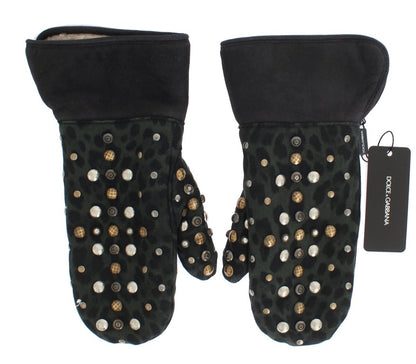 Gants Dolce & Gabbana en laine grise, peau lainée et clous léopard vert