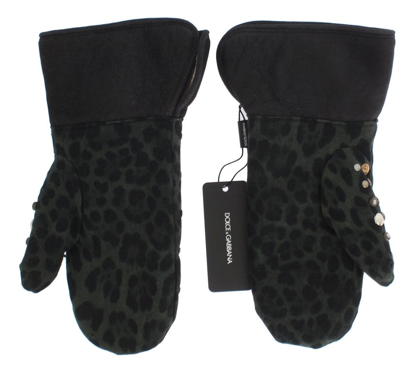 Gants Dolce & Gabbana en laine grise, peau lainée et clous léopard vert