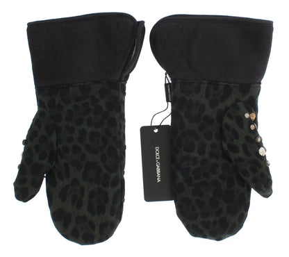 Gants Dolce & Gabbana en laine grise, peau lainée et clous léopard vert