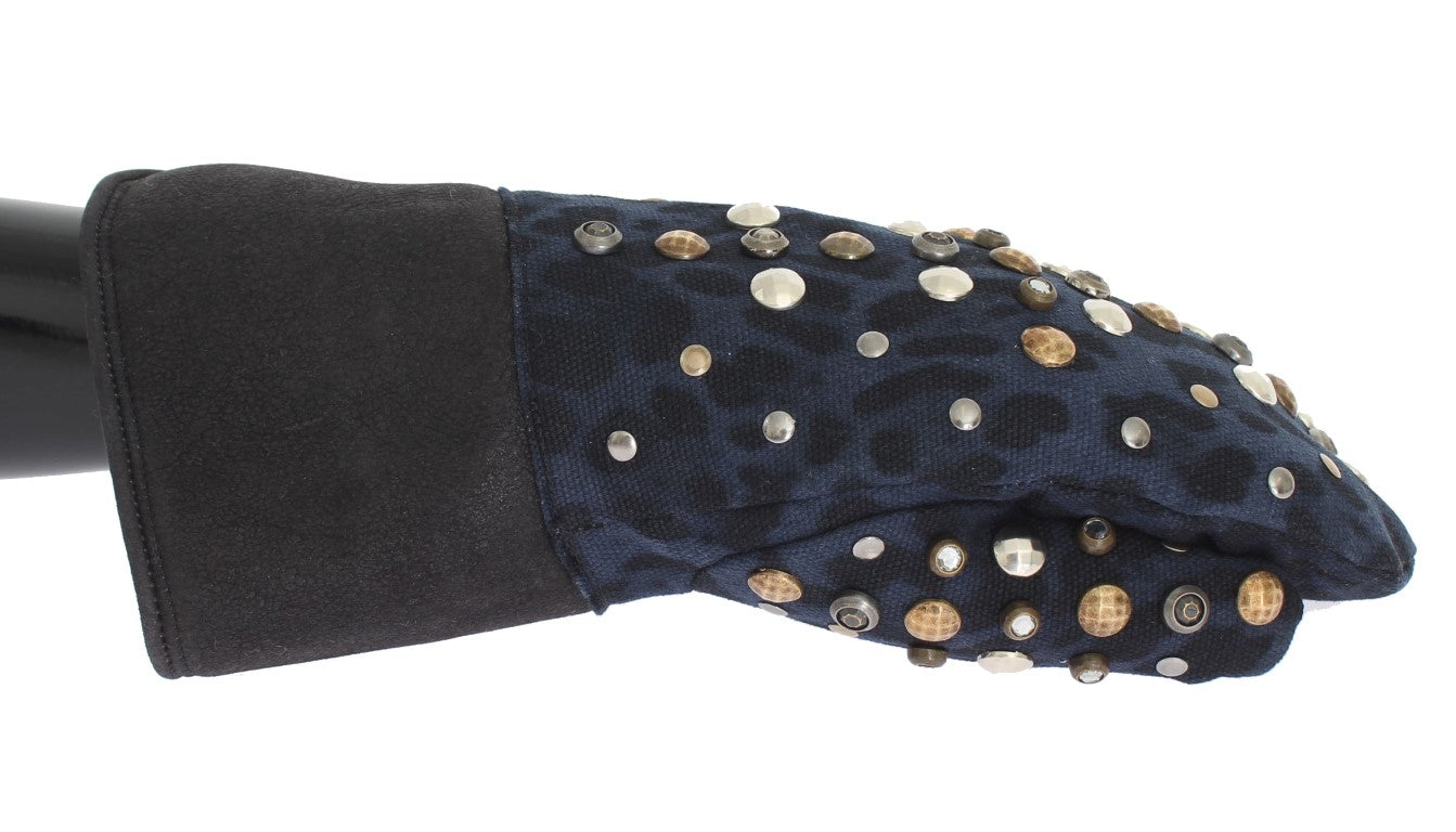 Gants Dolce & Gabbana en Laine Grise, Peau lainée et Clous à Motif Léopard Bleu