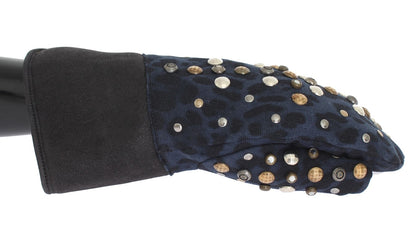 Gants Dolce & Gabbana en Laine Grise, Peau lainée et Clous à Motif Léopard Bleu