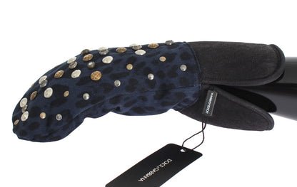 Gants Dolce & Gabbana en Laine Grise, Peau lainée et Clous à Motif Léopard Bleu