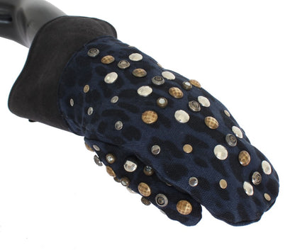 Gants Dolce & Gabbana en Laine Grise, Peau lainée et Clous à Motif Léopard Bleu