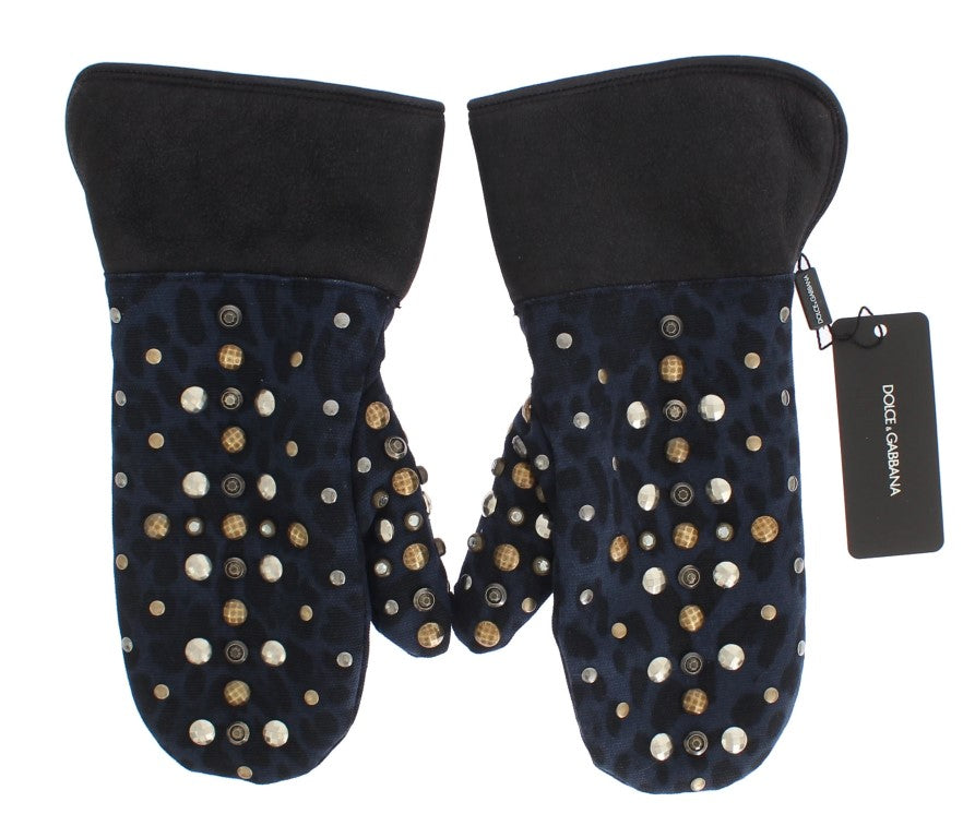 Gants Dolce & Gabbana en Laine Grise, Peau lainée et Clous à Motif Léopard Bleu