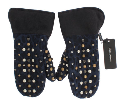 Gants Dolce & Gabbana en Laine Grise, Peau lainée et Clous à Motif Léopard Bleu