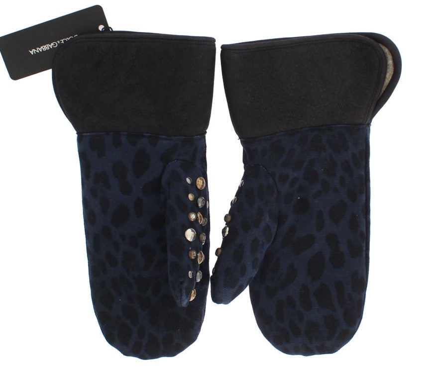 Gants Dolce & Gabbana en Laine Grise, Peau lainée et Clous à Motif Léopard Bleu