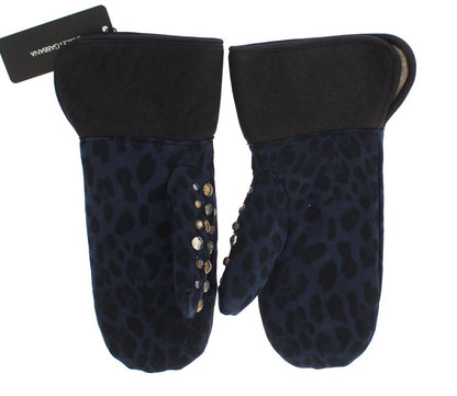 Gants Dolce & Gabbana en Laine Grise, Peau lainée et Clous à Motif Léopard Bleu
