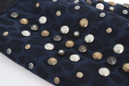 Gants Dolce & Gabbana en Laine Grise, Peau lainée et Clous à Motif Léopard Bleu