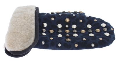 Gants Dolce & Gabbana en Laine Grise, Peau lainée et Clous à Motif Léopard Bleu