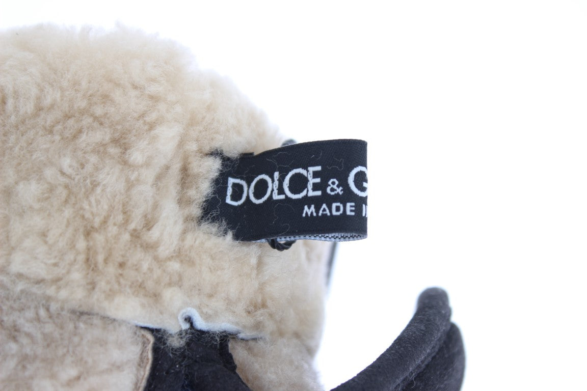 Gants Dolce & Gabbana en Laine Grise, Peau lainée et Clous à Motif Léopard Bleu