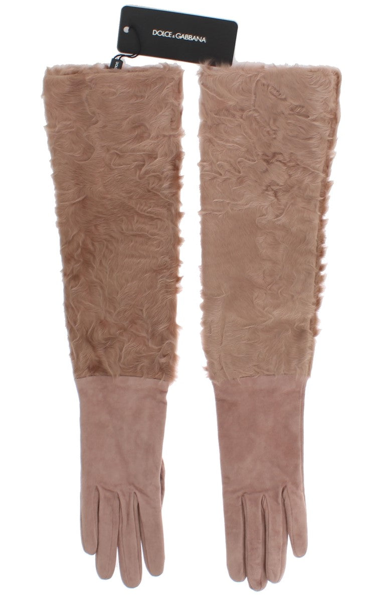 Gants longs en fourrure Xiangao en suède beige Dolce & Gabbana