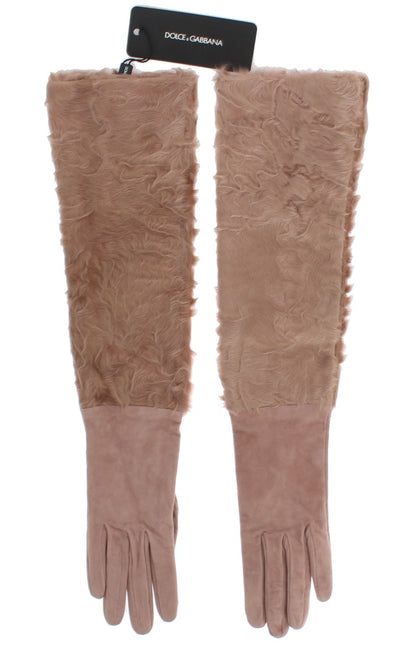 Gants longs en fourrure Xiangao en suède beige Dolce & Gabbana