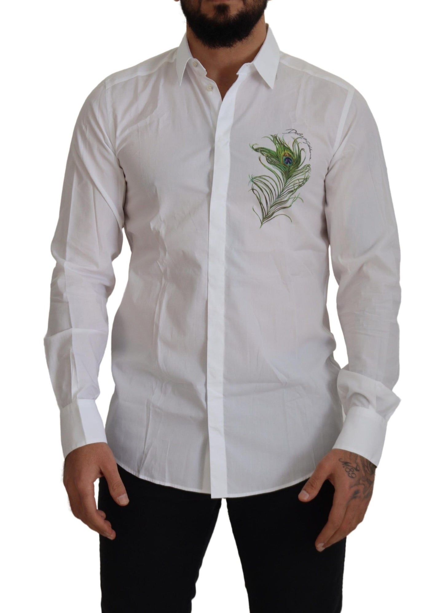 Chemise de cérémonie DOLCE & GABBANA en coton blanc avec motif plumes de paon DORÉ