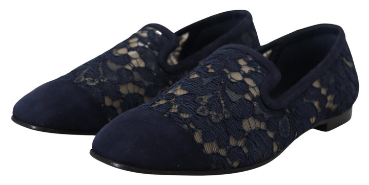 Zapatos planos tipo mocasín sin cordones de encaje floral azul Dolce & Gabbana