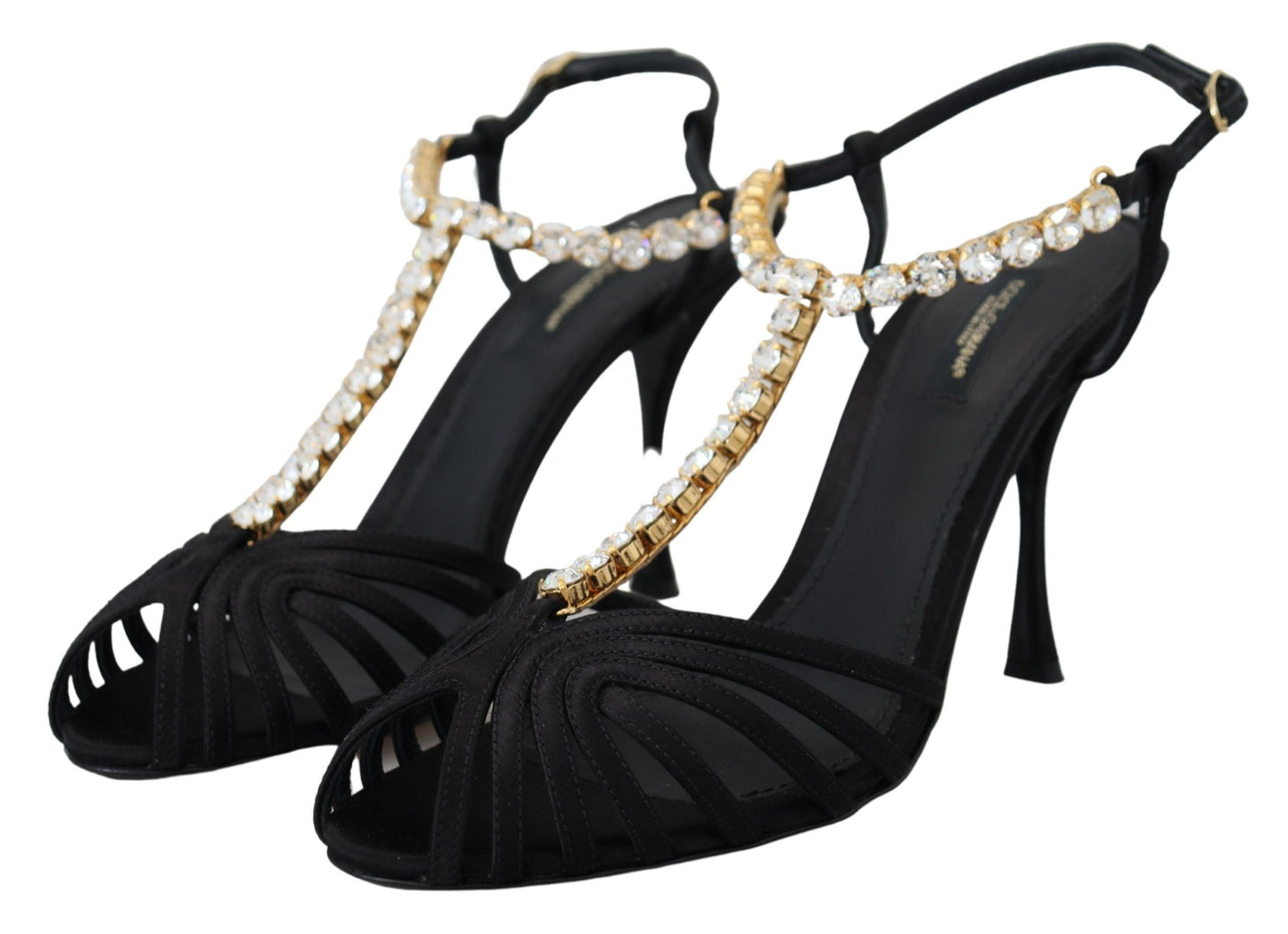 Chaussures Sandales T-strap en Satin Noir et Cristaux Transparents Dolce & Gabbana