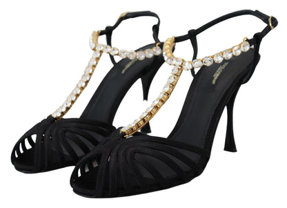 Chaussures Sandales T-strap en Satin Noir et Cristaux Transparents Dolce & Gabbana
