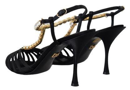 Chaussures Sandales T-strap en Satin Noir et Cristaux Transparents Dolce & Gabbana