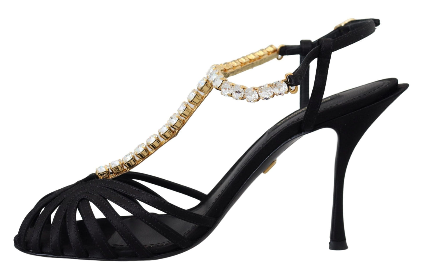 Chaussures Sandales T-strap en Satin Noir et Cristaux Transparents Dolce & Gabbana