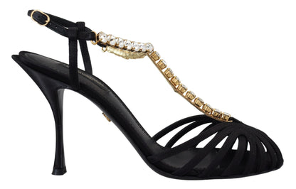 Chaussures Sandales T-strap en Satin Noir et Cristaux Transparents Dolce & Gabbana