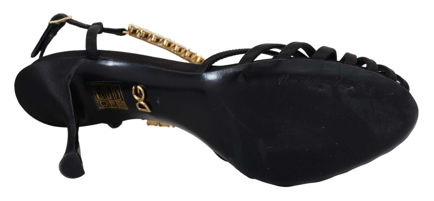 Chaussures Sandales T-strap en Satin Noir et Cristaux Transparents Dolce & Gabbana