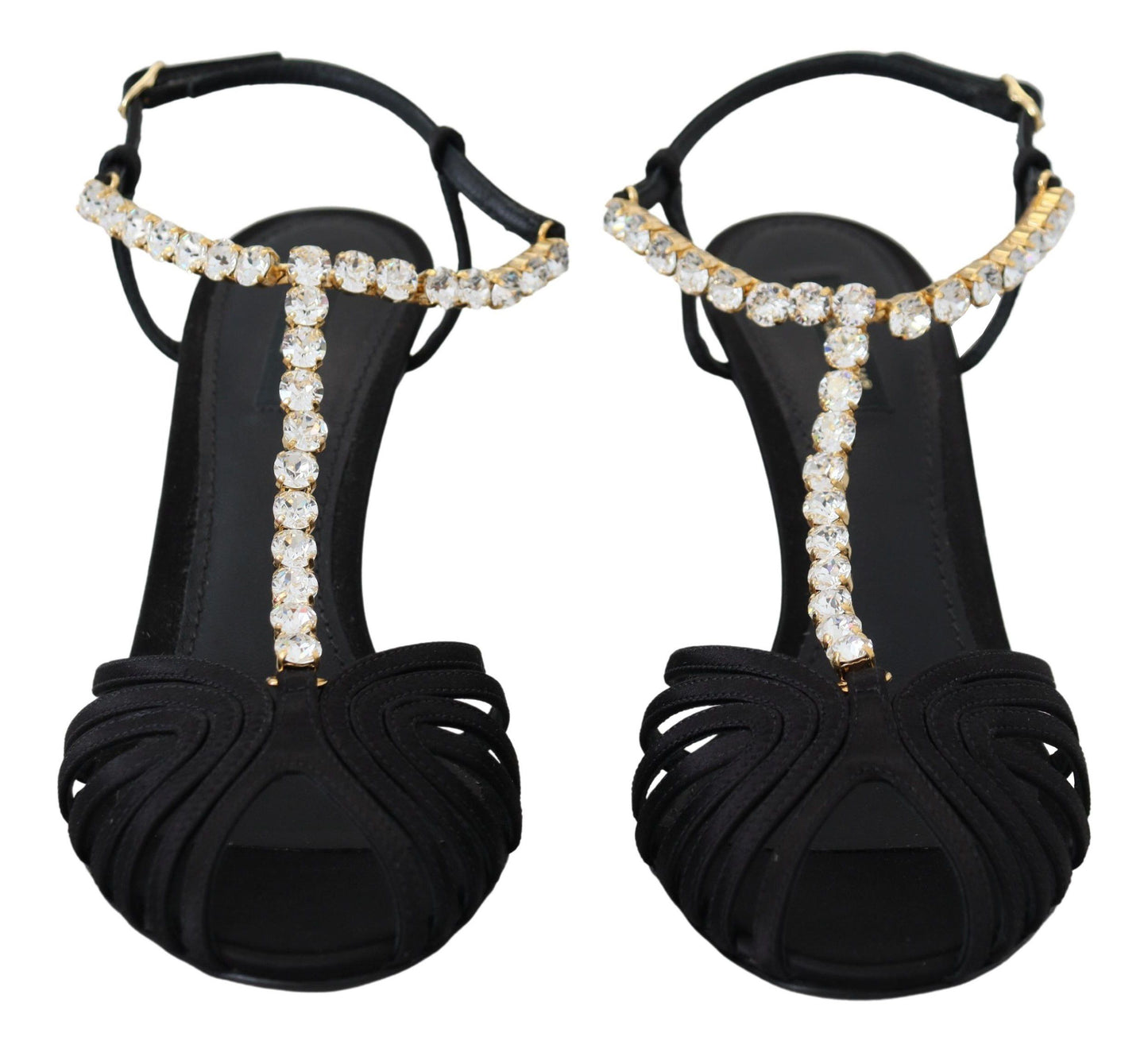 Chaussures Sandales T-strap en Satin Noir et Cristaux Transparents Dolce & Gabbana