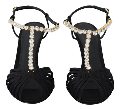 Chaussures Sandales T-strap en Satin Noir et Cristaux Transparents Dolce & Gabbana
