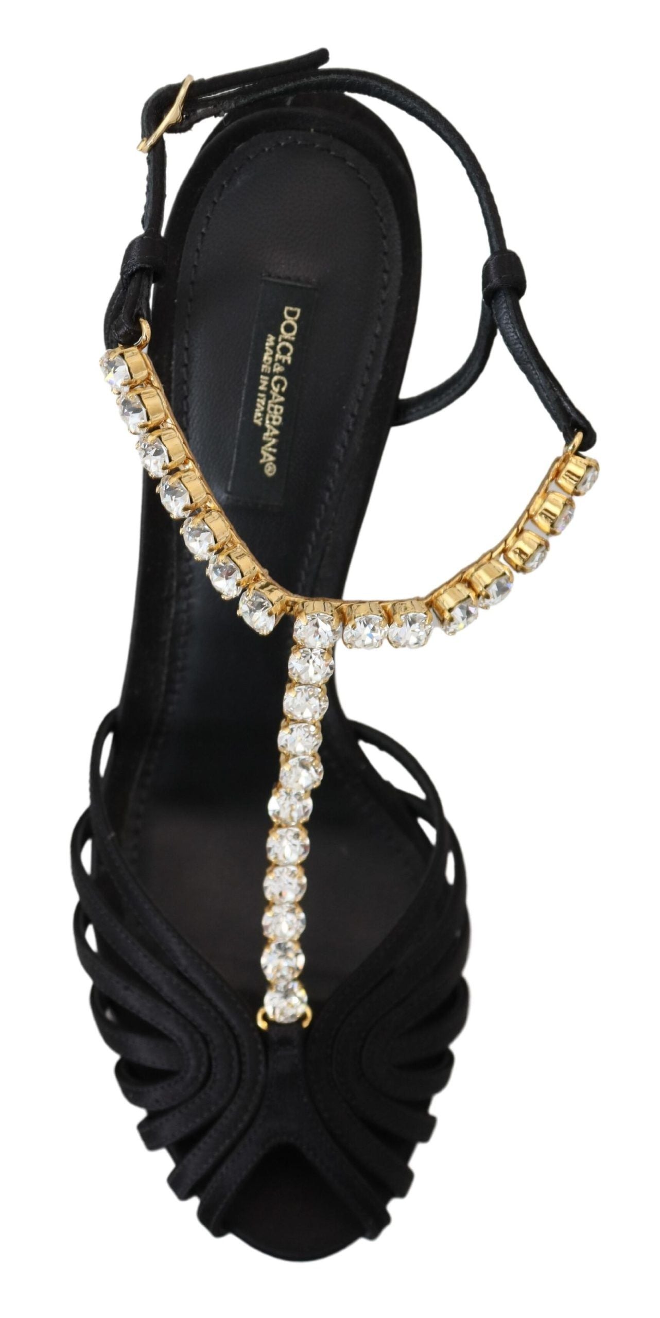 Chaussures Sandales T-strap en Satin Noir et Cristaux Transparents Dolce & Gabbana
