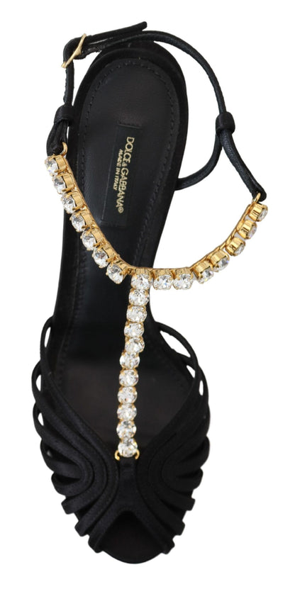 Chaussures Sandales T-strap en Satin Noir et Cristaux Transparents Dolce & Gabbana