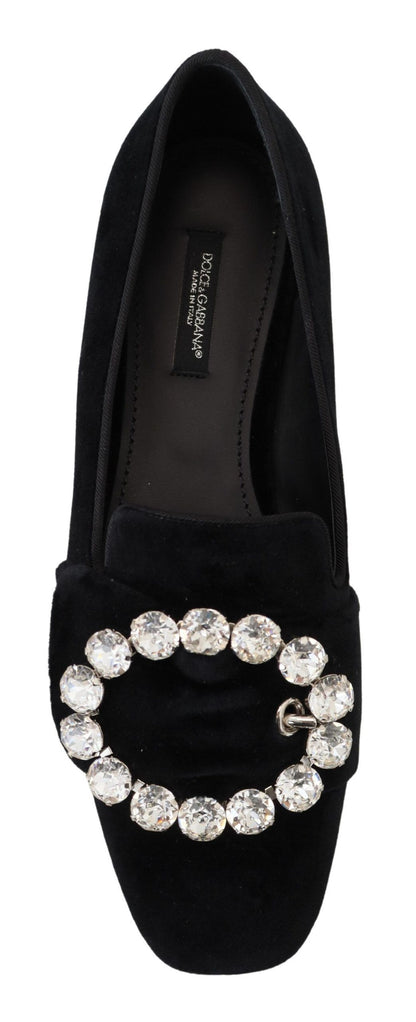 Chaussures plates loafers en velours noir et cristaux Dolce & Gabbana