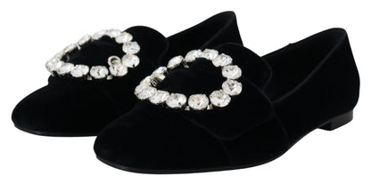 Chaussures plates loafers en velours noir et cristaux Dolce & Gabbana
