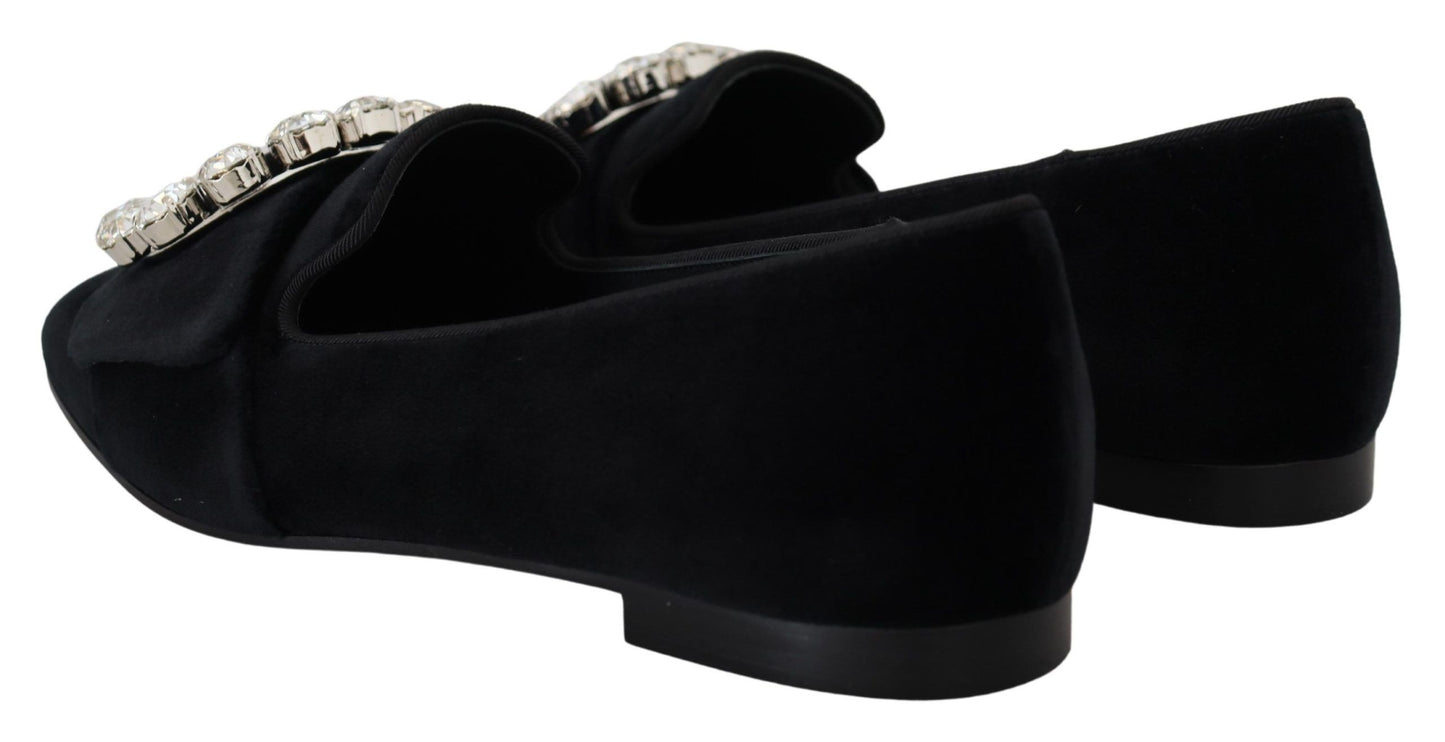 Chaussures plates loafers en velours noir et cristaux Dolce & Gabbana