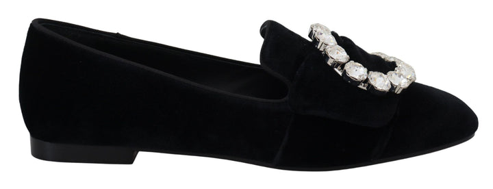 Zapatos planos tipo mocasín de terciopelo negro con cristales Dolce & Gabbana