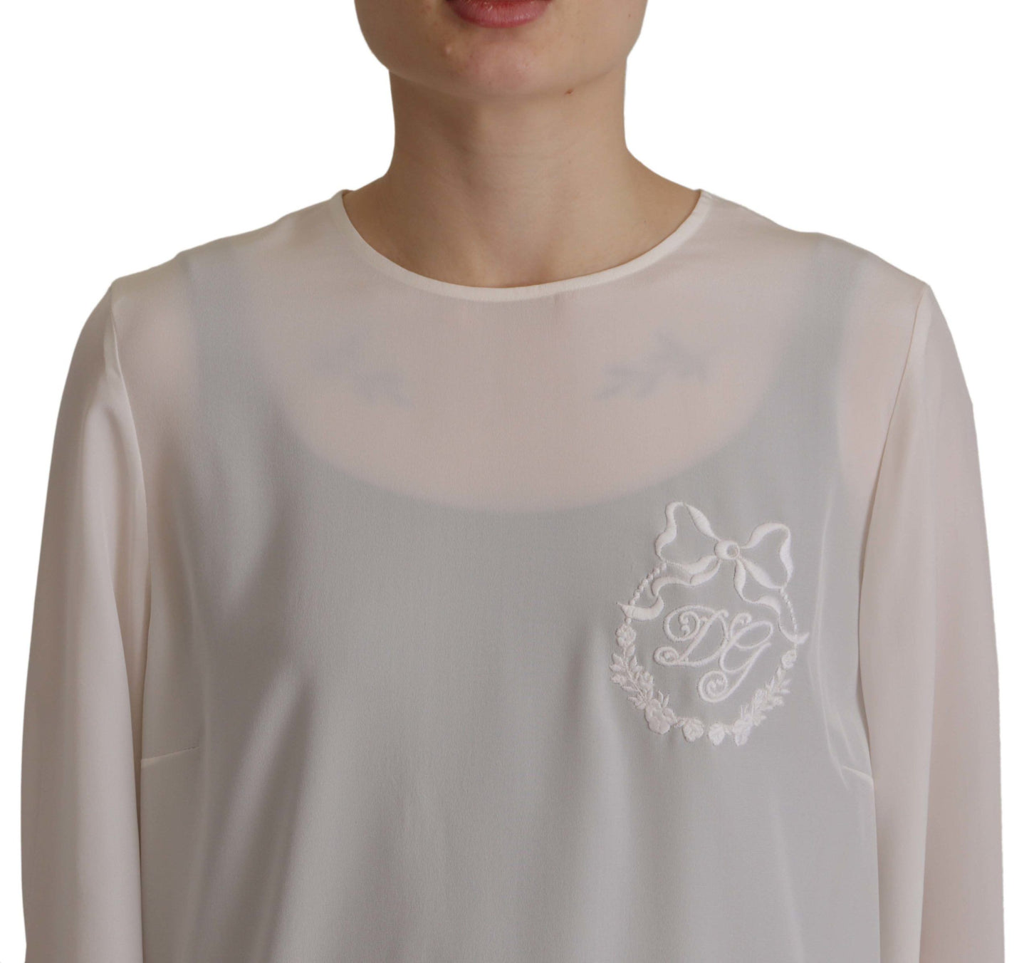 Chemisier Dolce & Gabbana en soie blanche à manches longues brodé logo DG